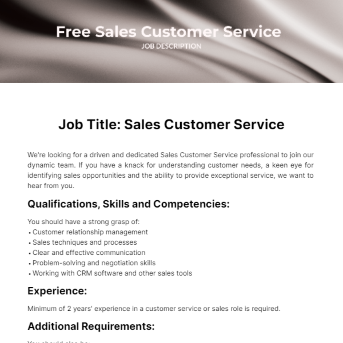 Sales Customer Service Job Description Template