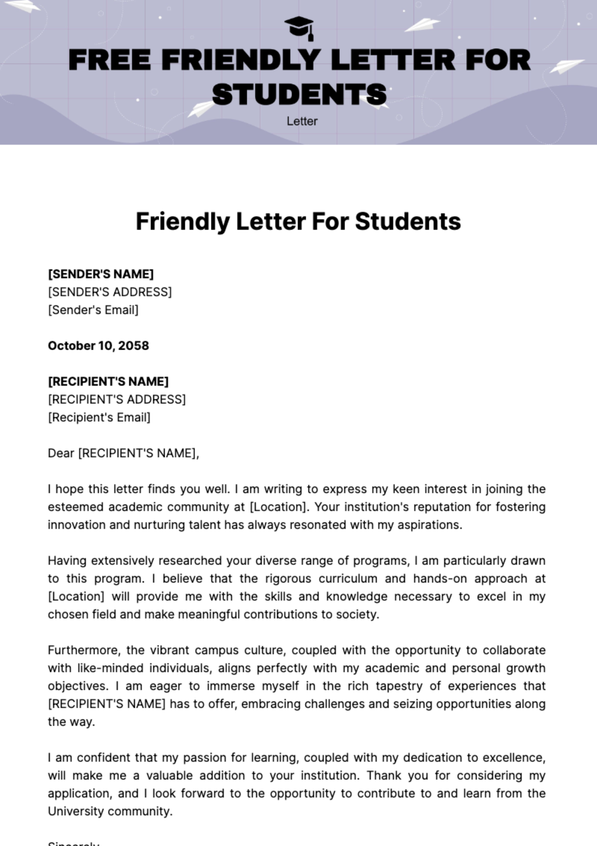 Free Friendly Letter for Students Template