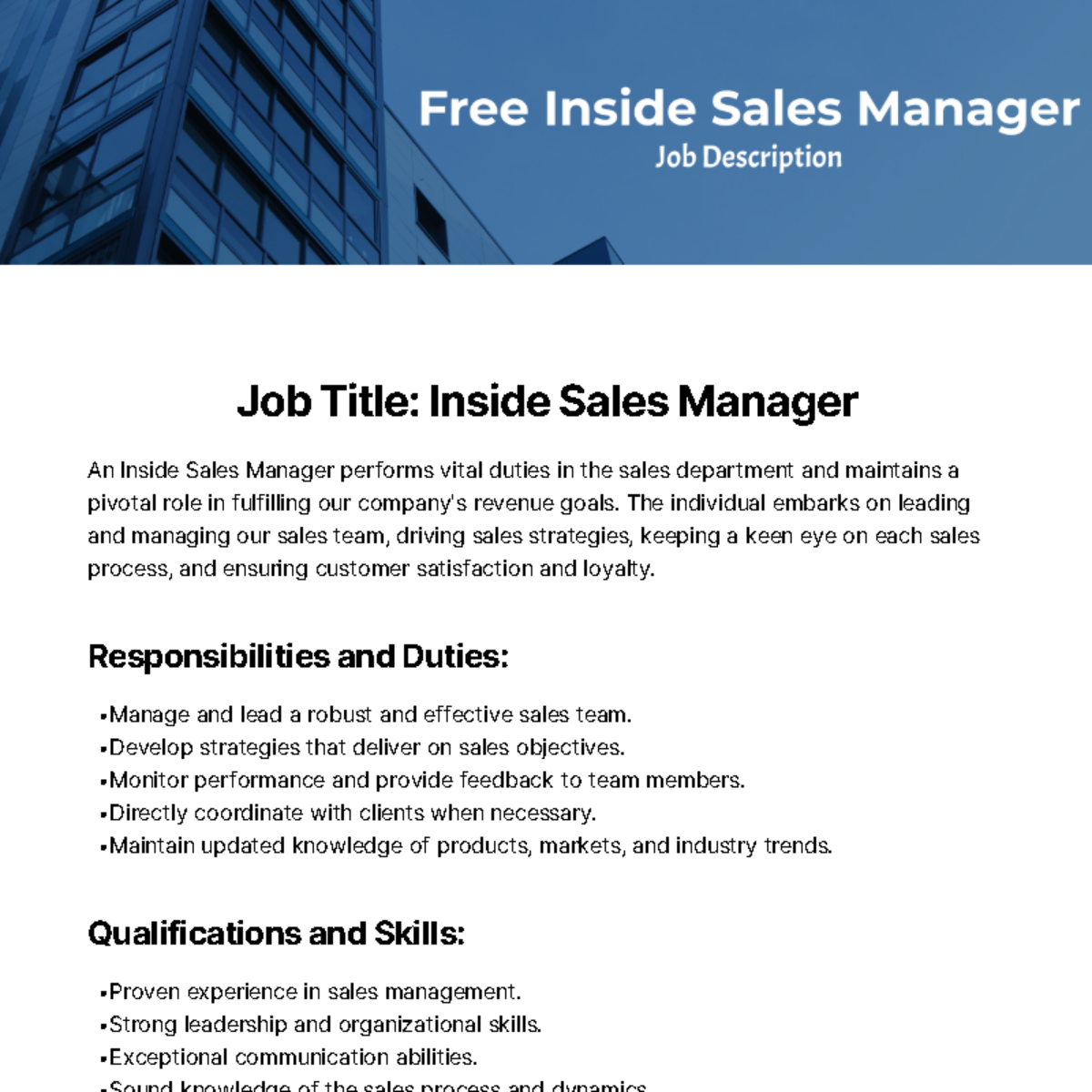 Free Inside Sales Manager Job Description Template