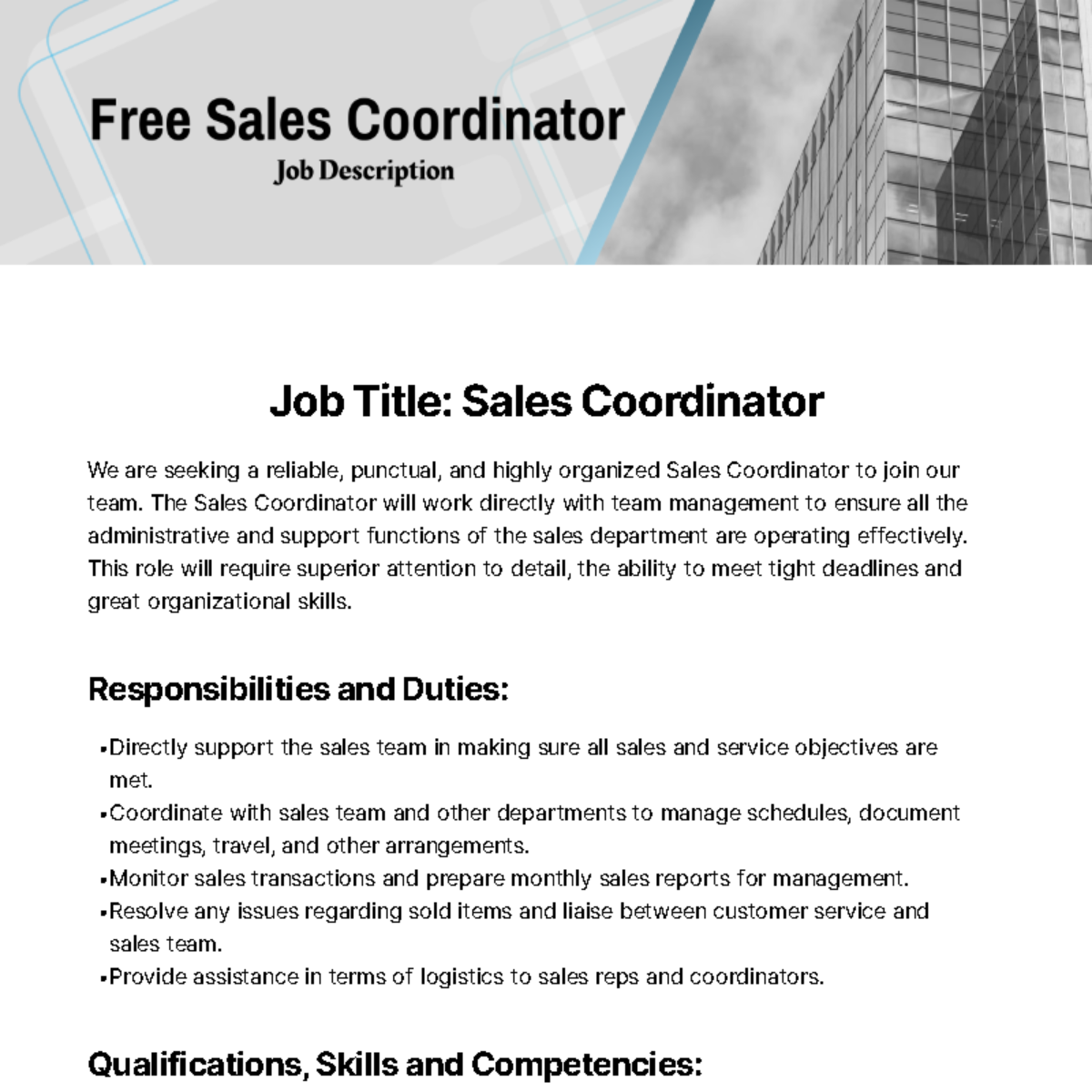 Free Sales Coordinator Job Description Template