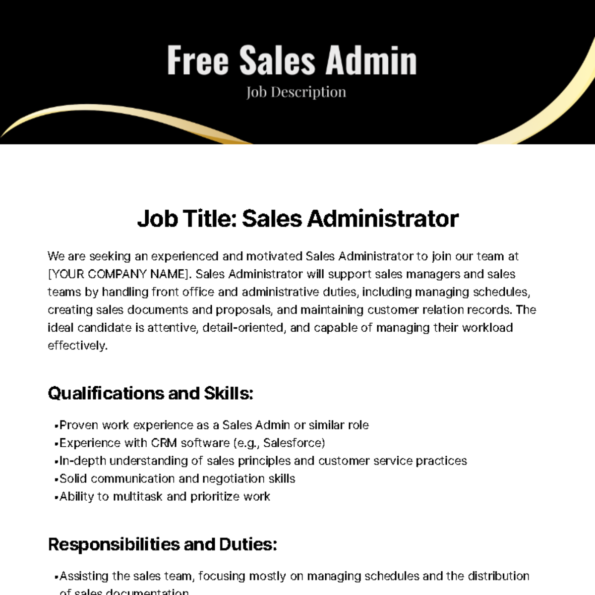 Free Sales Admin Job Description Template