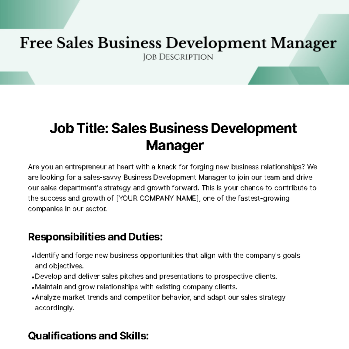 Free Sales Business Development Manager Job Description Template