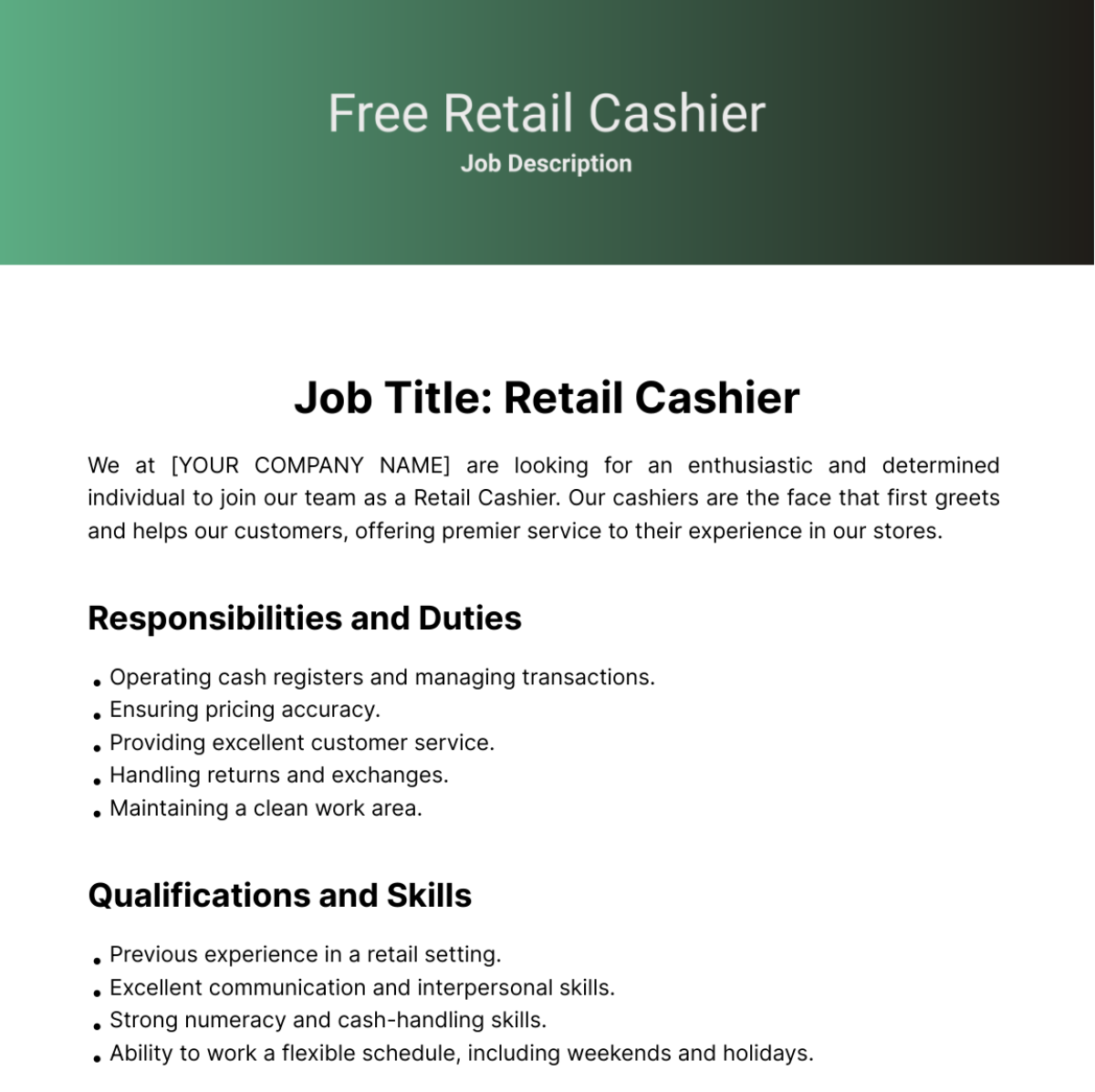 Free Retail Cashier Job Description Template