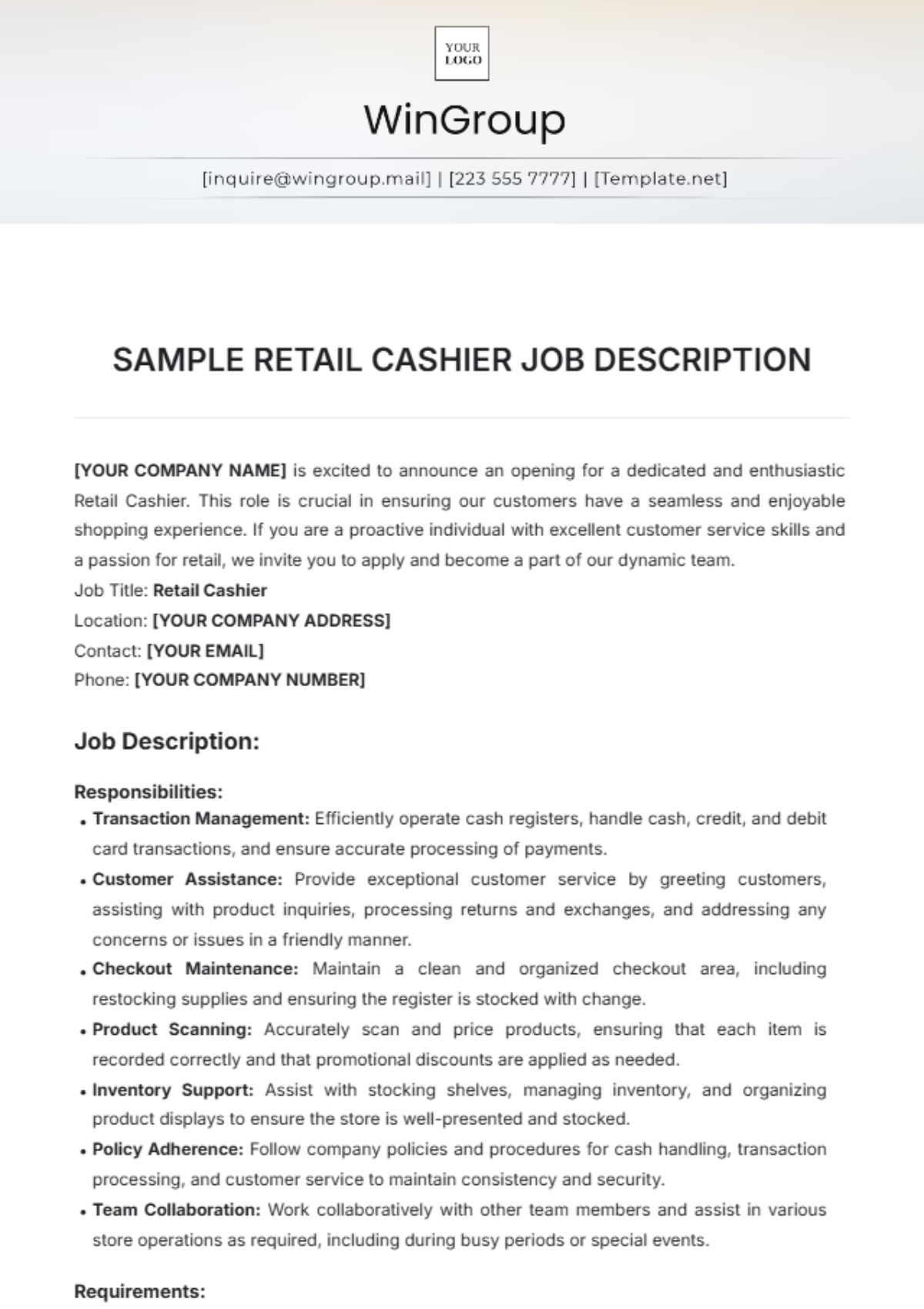 Sample Retail Cashier Job Description Template - Edit Online & Download