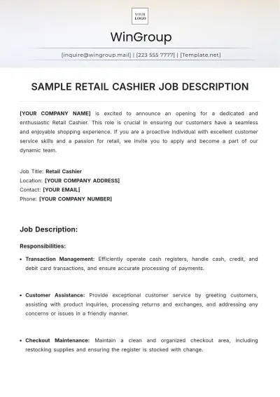Free Sample Retail Cashier Job Description Template to Edit Online