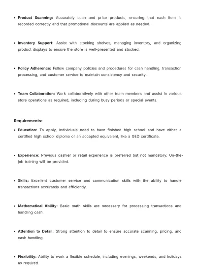 Free Sample Retail Cashier Job Description Template to Edit Online