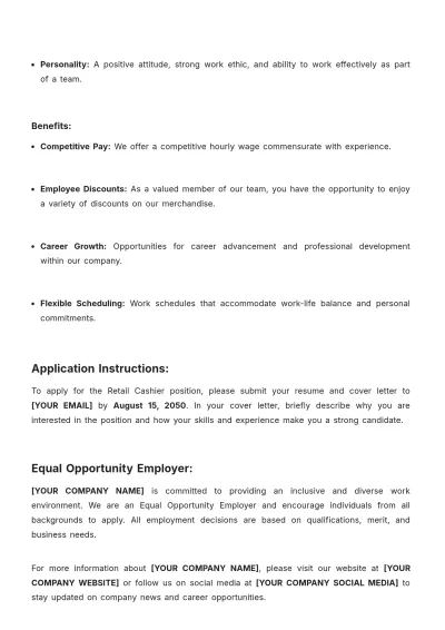 Free Sample Retail Cashier Job Description Template to Edit Online