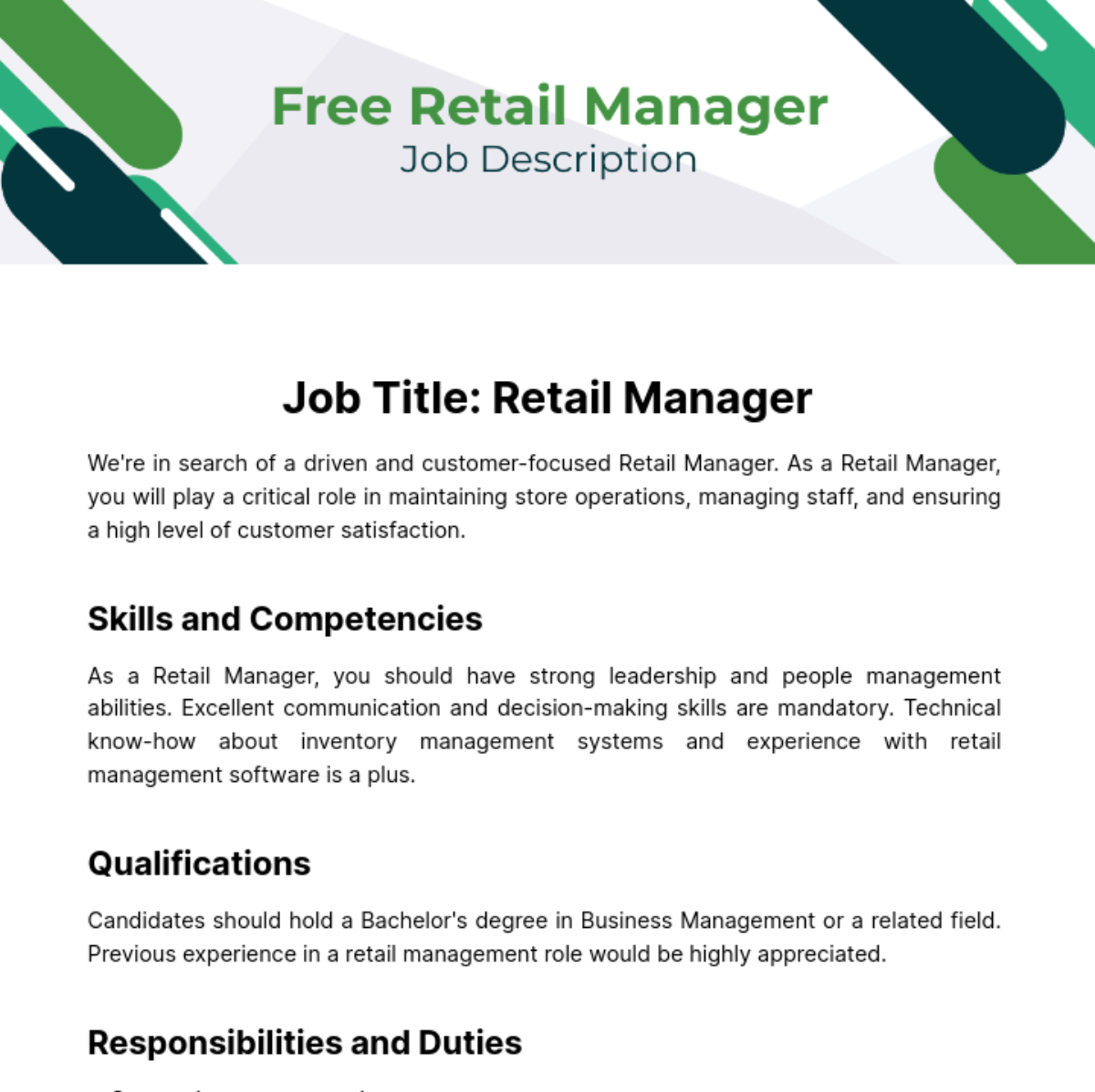 Free Retail Manager Job Description Template