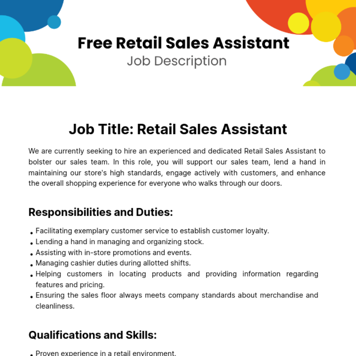 Free Retail Sales Asistant Job Description Template