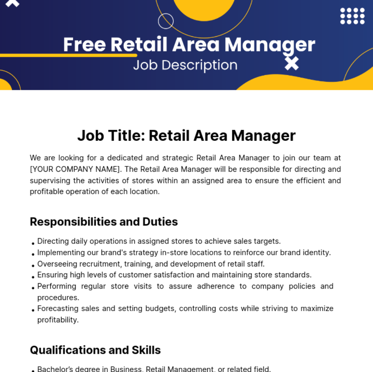 Free Retail Area Manager Job Description Template