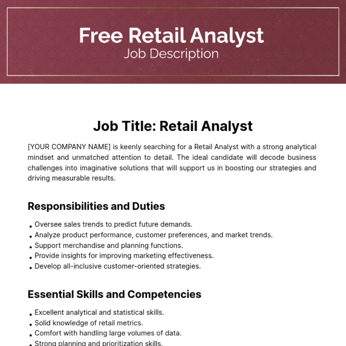Free Retail Analyst Job Description Template