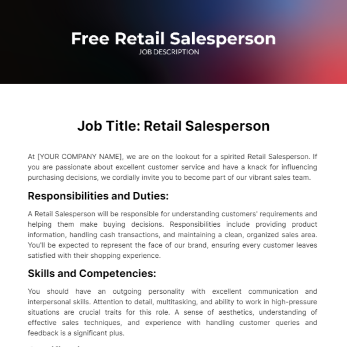 Free Retail Salesperson Job Description Template