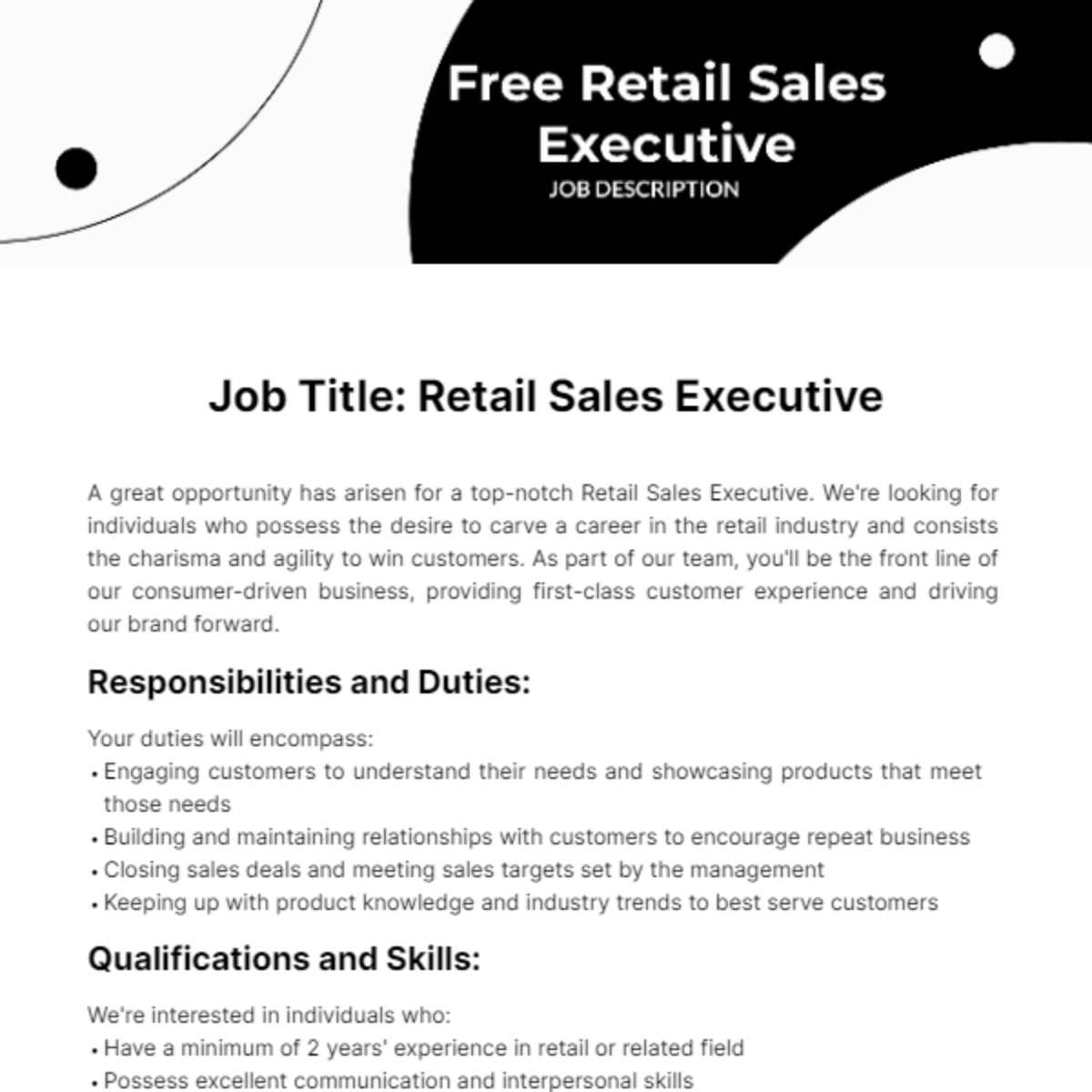 Retail Sales Executive Job Description Template