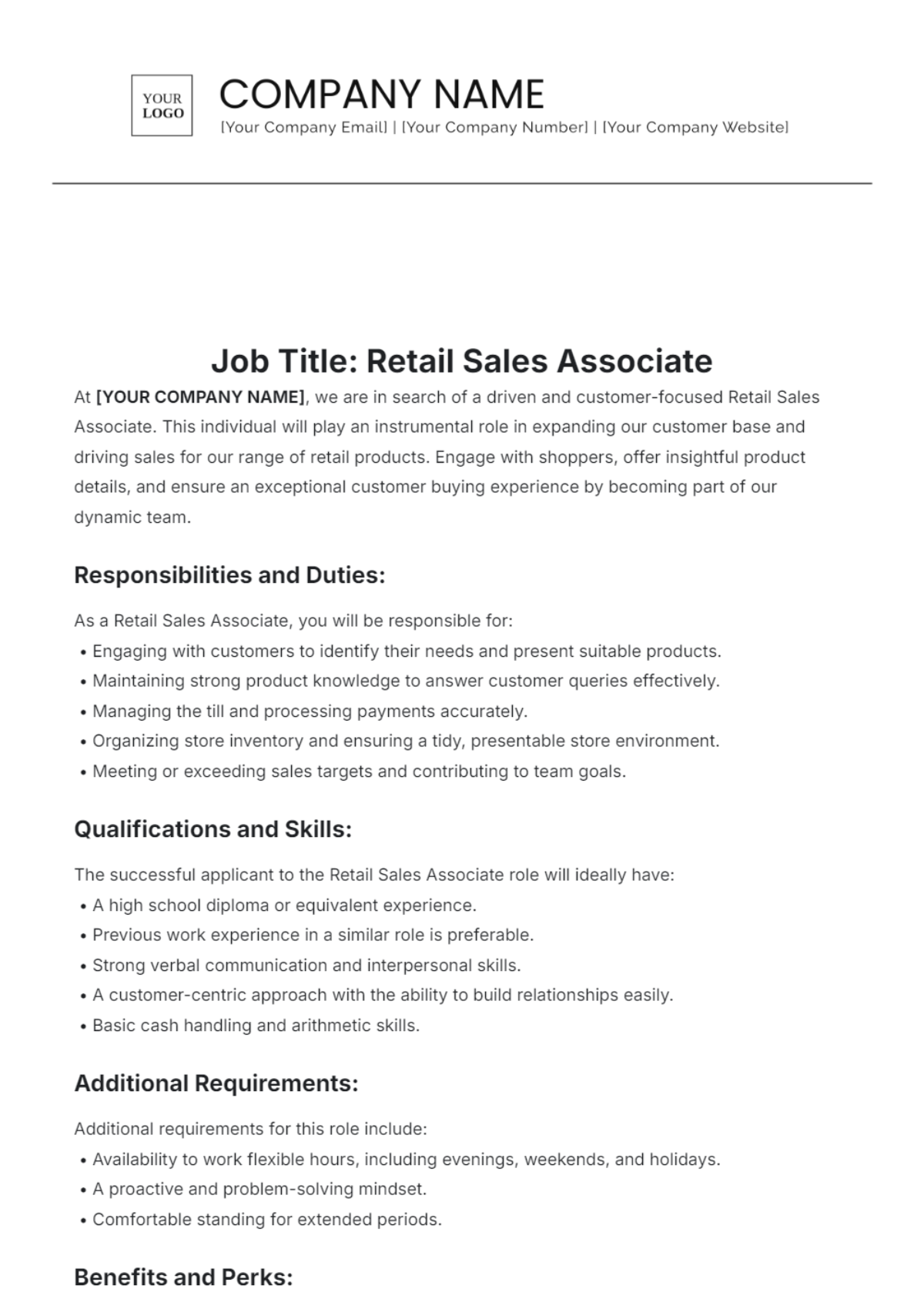 Retail Sales Associate Job Description Template - Edit Online & Download