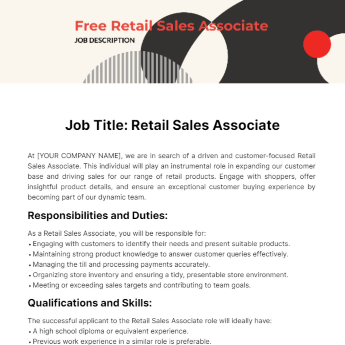 Free Retail Sales Associate Job Description Template