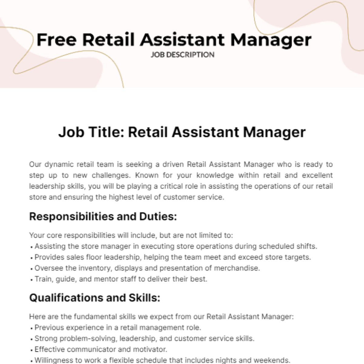 Free Retail Assistant Manager Job Description Template
