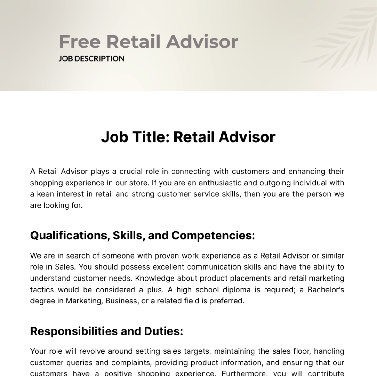 Free Retail Advisor Job Description Template