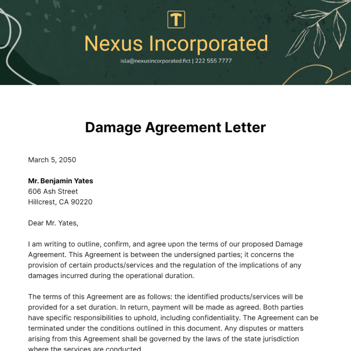 Free Damage Agreement Letter Template