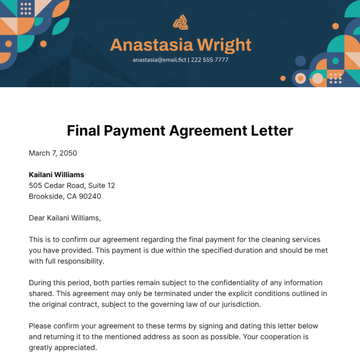 Free Final Payment Agreement Letter Template