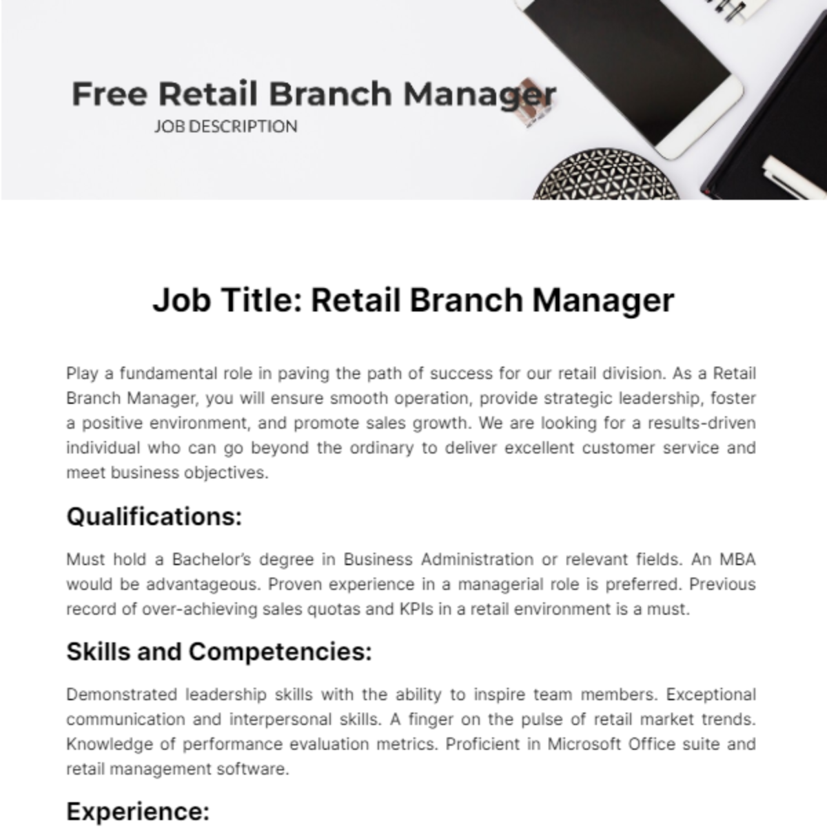 Retail Branch Manager Job Description Template