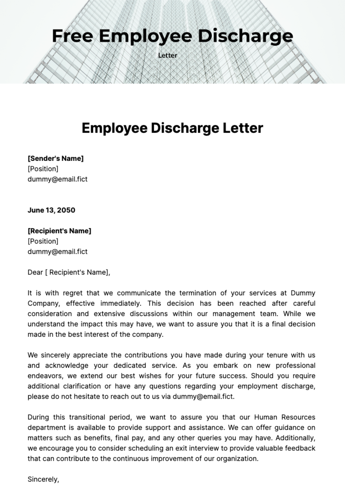 Free Employee Discharge Letter Template