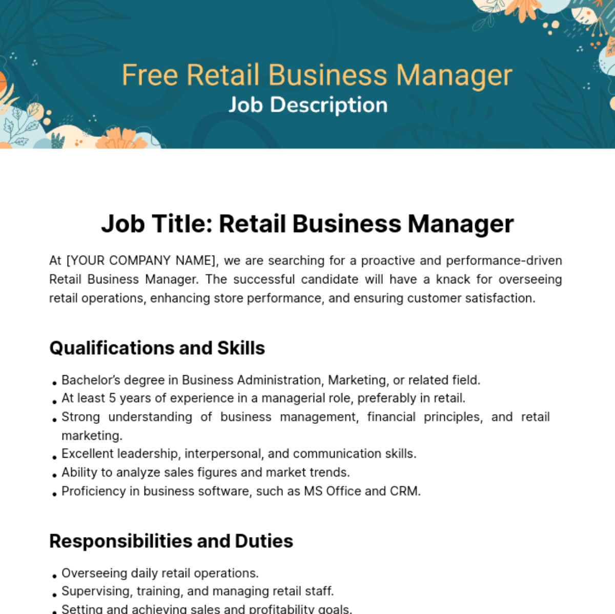 Retail Business Manager Job Description Template