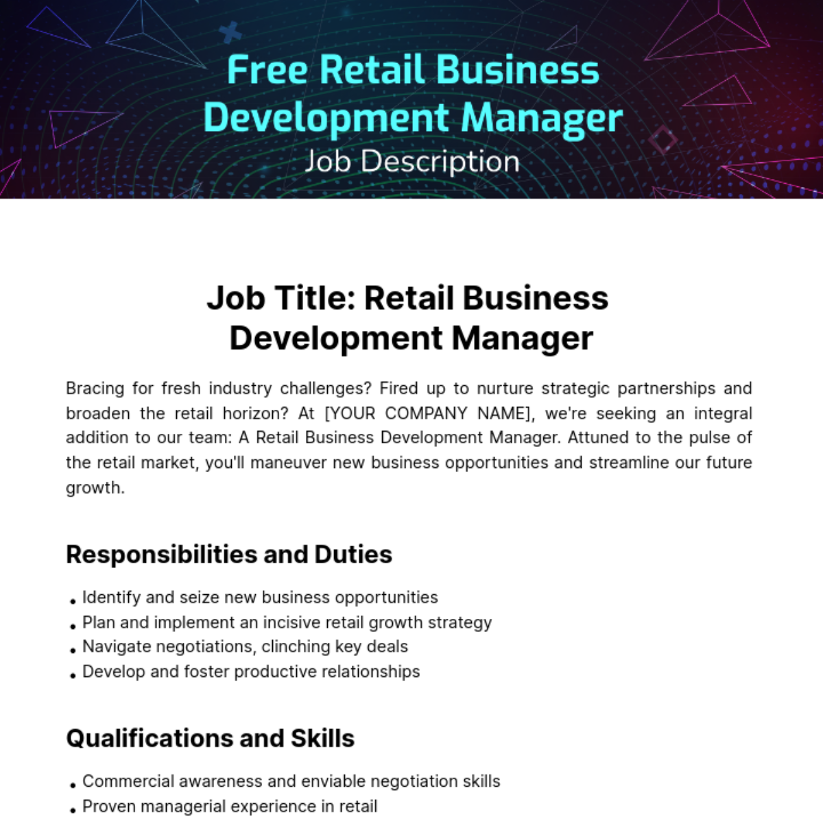 Retail Business Development Manager Job Description Template