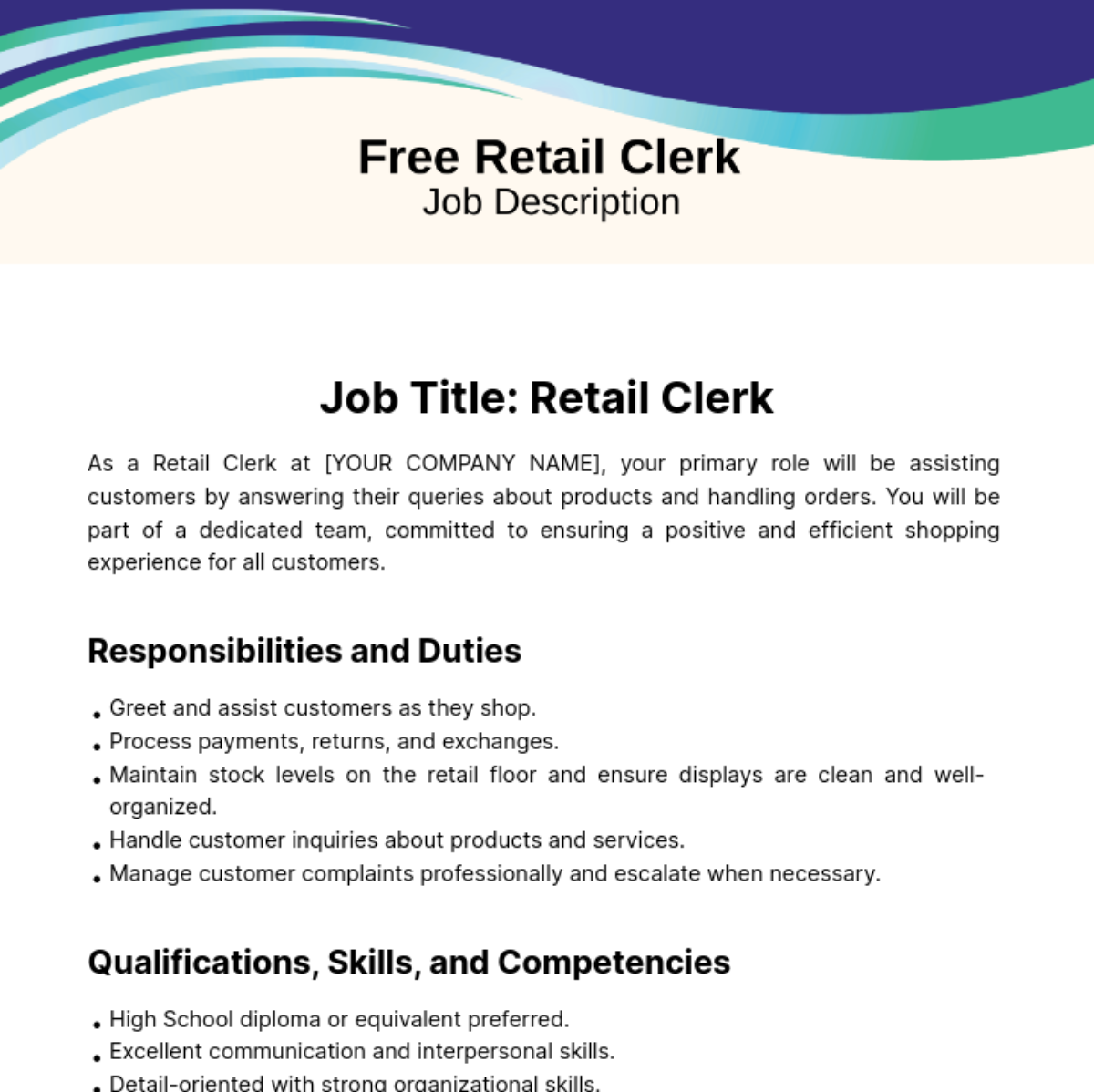 Free Retail Clerk Job Description Template