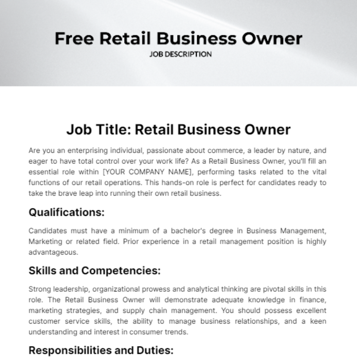 Free Retail Business Owner Job Description Template