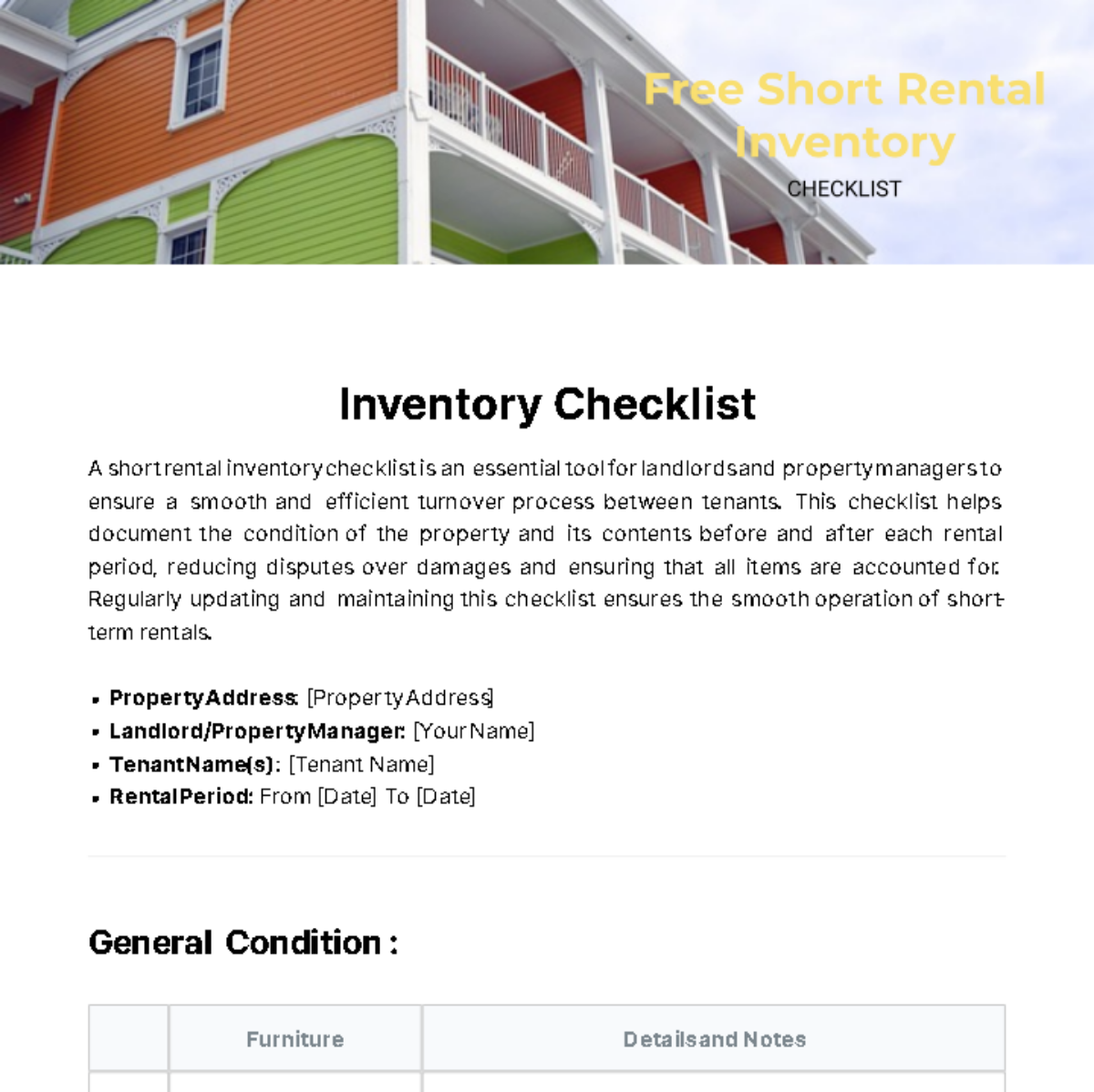 Short Rental Inventory Checklist Template