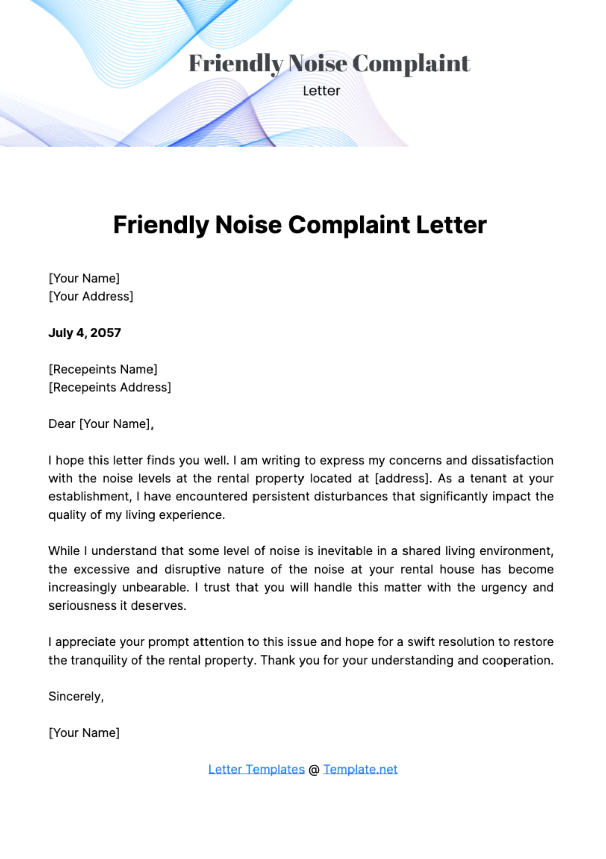 Friendly Noise Complaint Letter Template