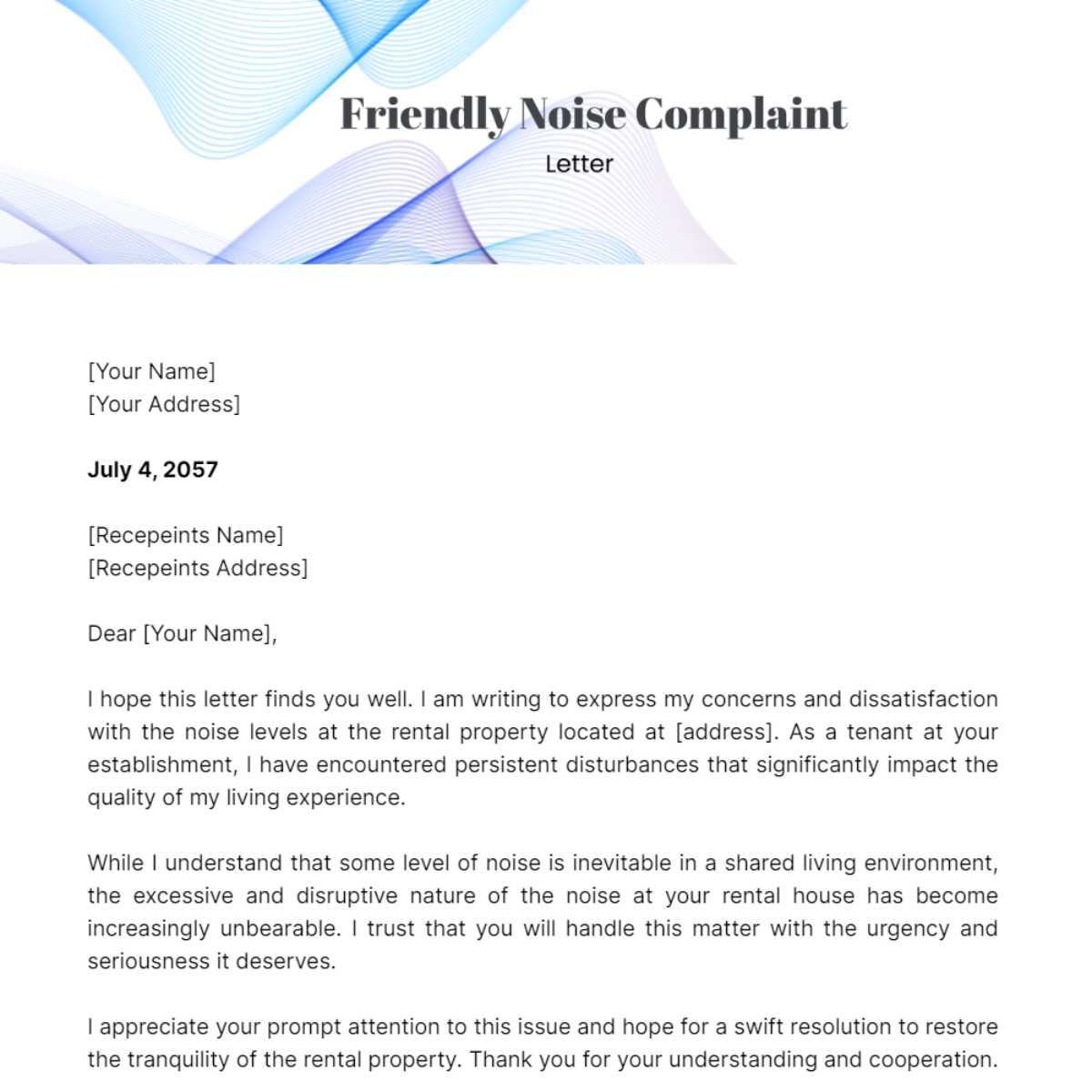 Friendly Noise Complaint Letter Template