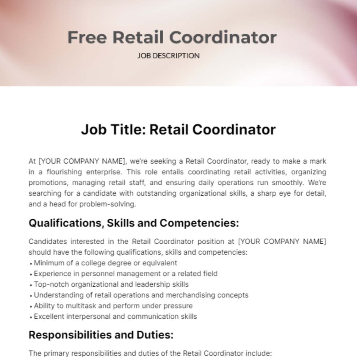 Retail Coordinator Job Description Template