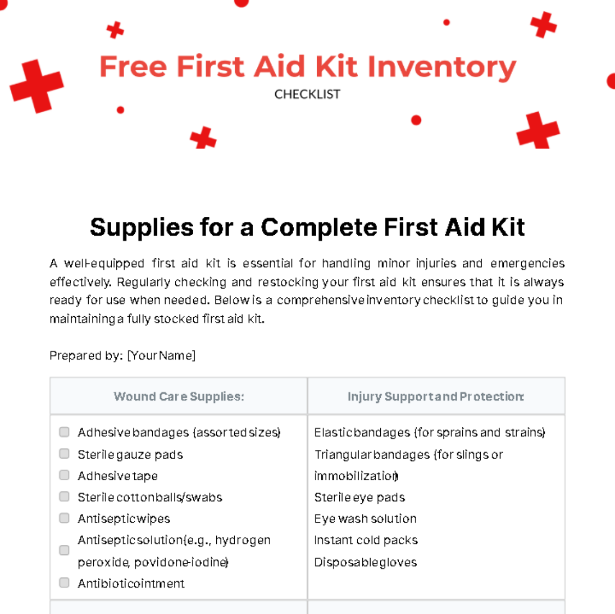 First Aid Kit Inventory Checklist Template