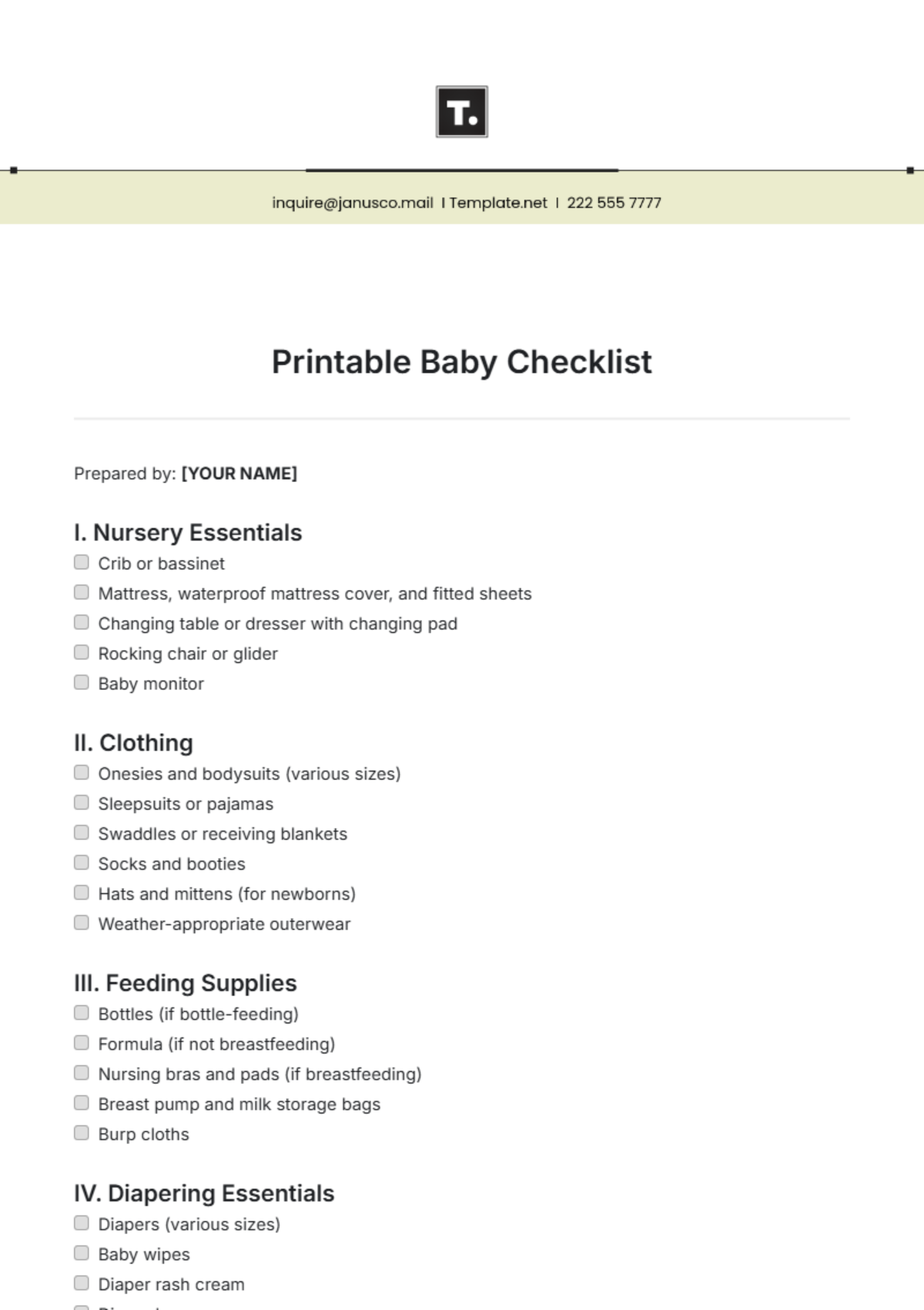 Printable Baby Checklist Template