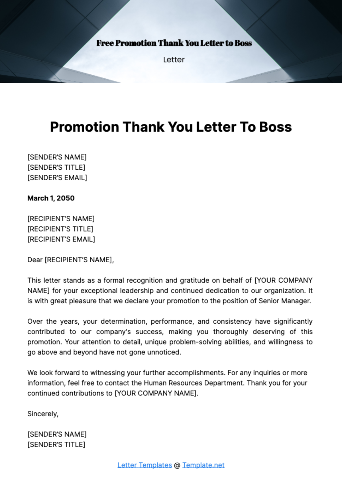 Promotion Thank You Letter to Boss Template