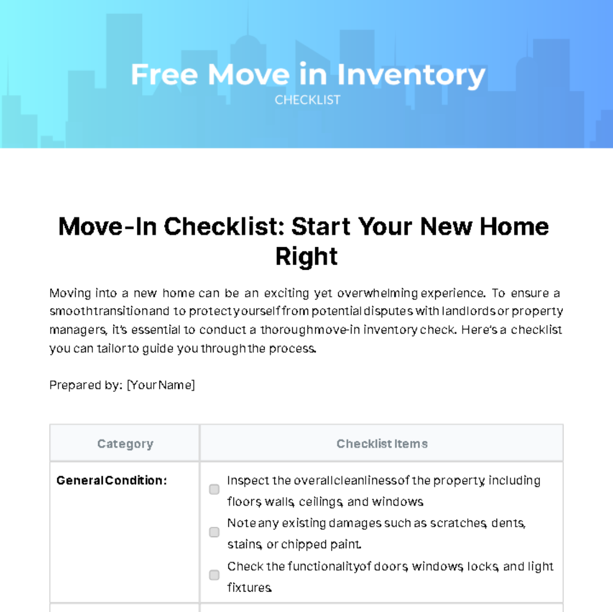 Move in Inventory Checklist Template
