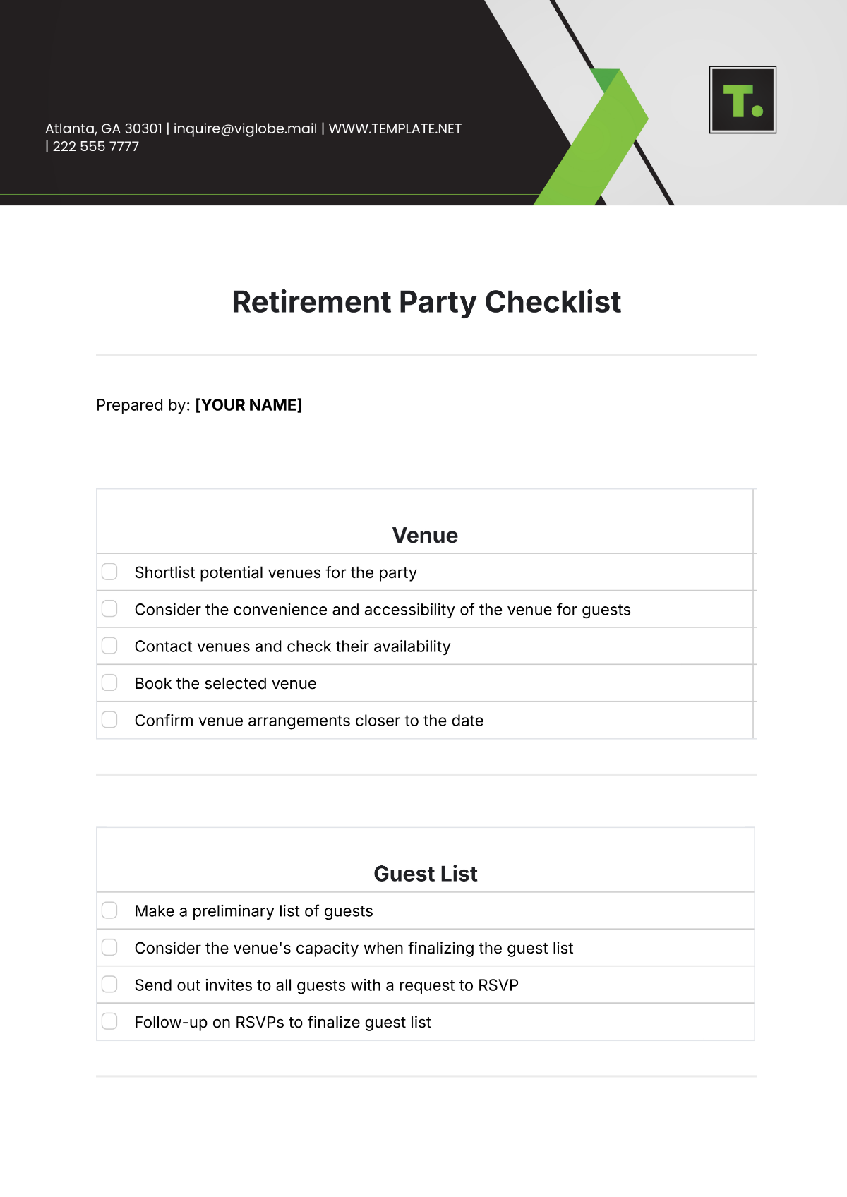 Retirement Party Checklist Template - Edit Online & Download