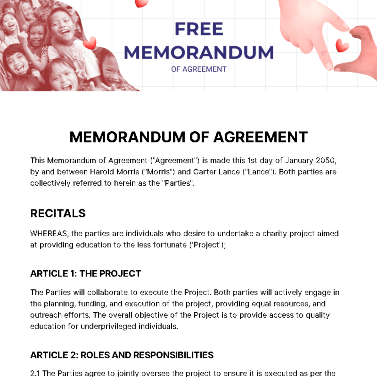 Free Memorandum Of Agreement Template