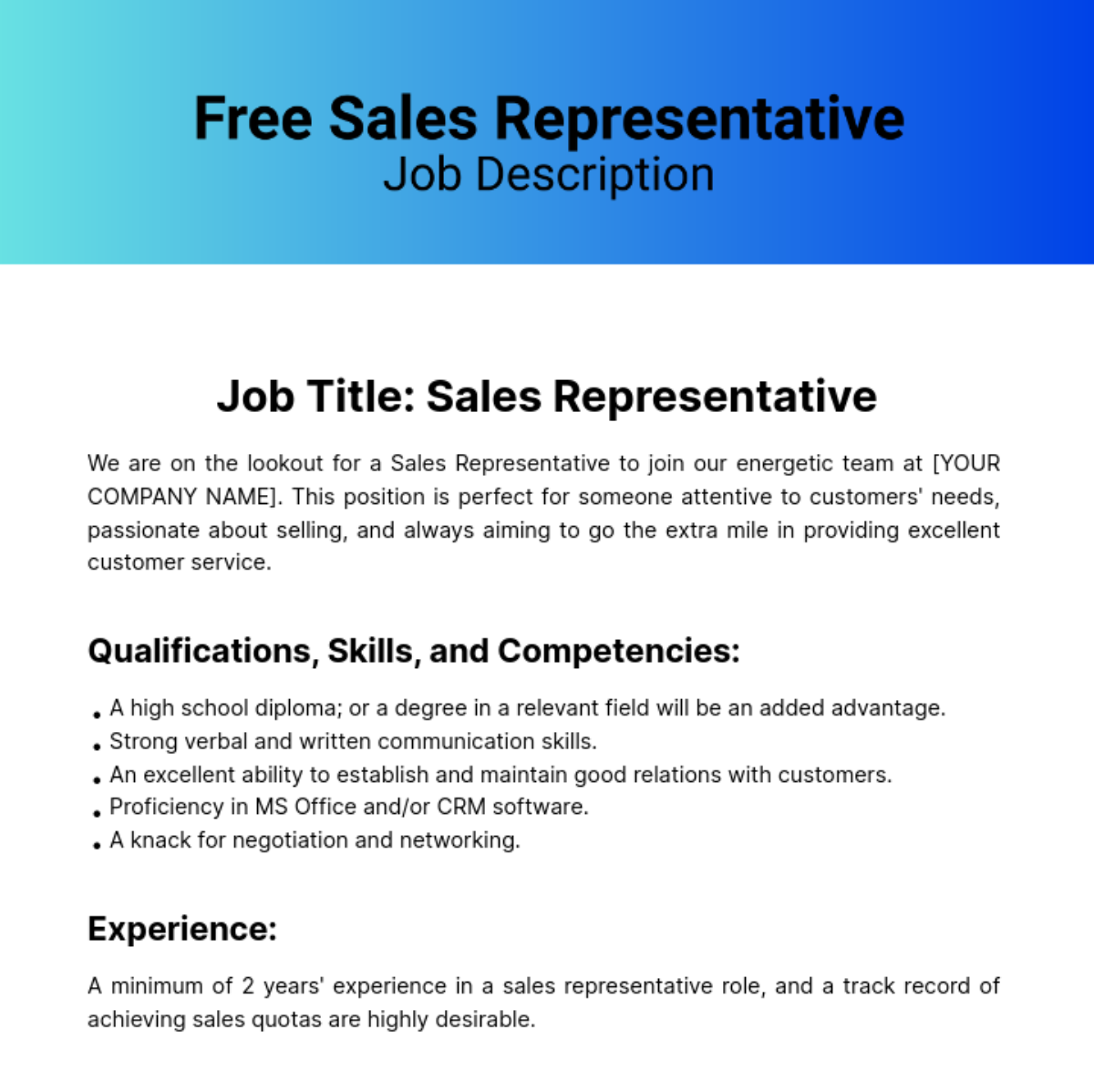 Free Sales Representative Duties and Responsibilities Template