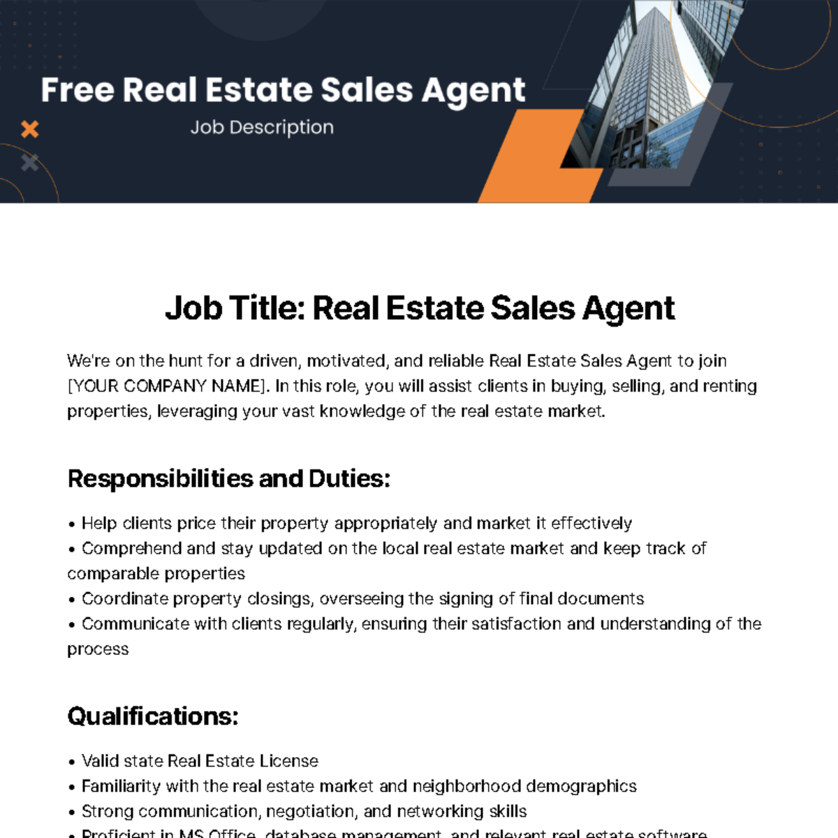 Real Estate Sales Agent Job Description Template
