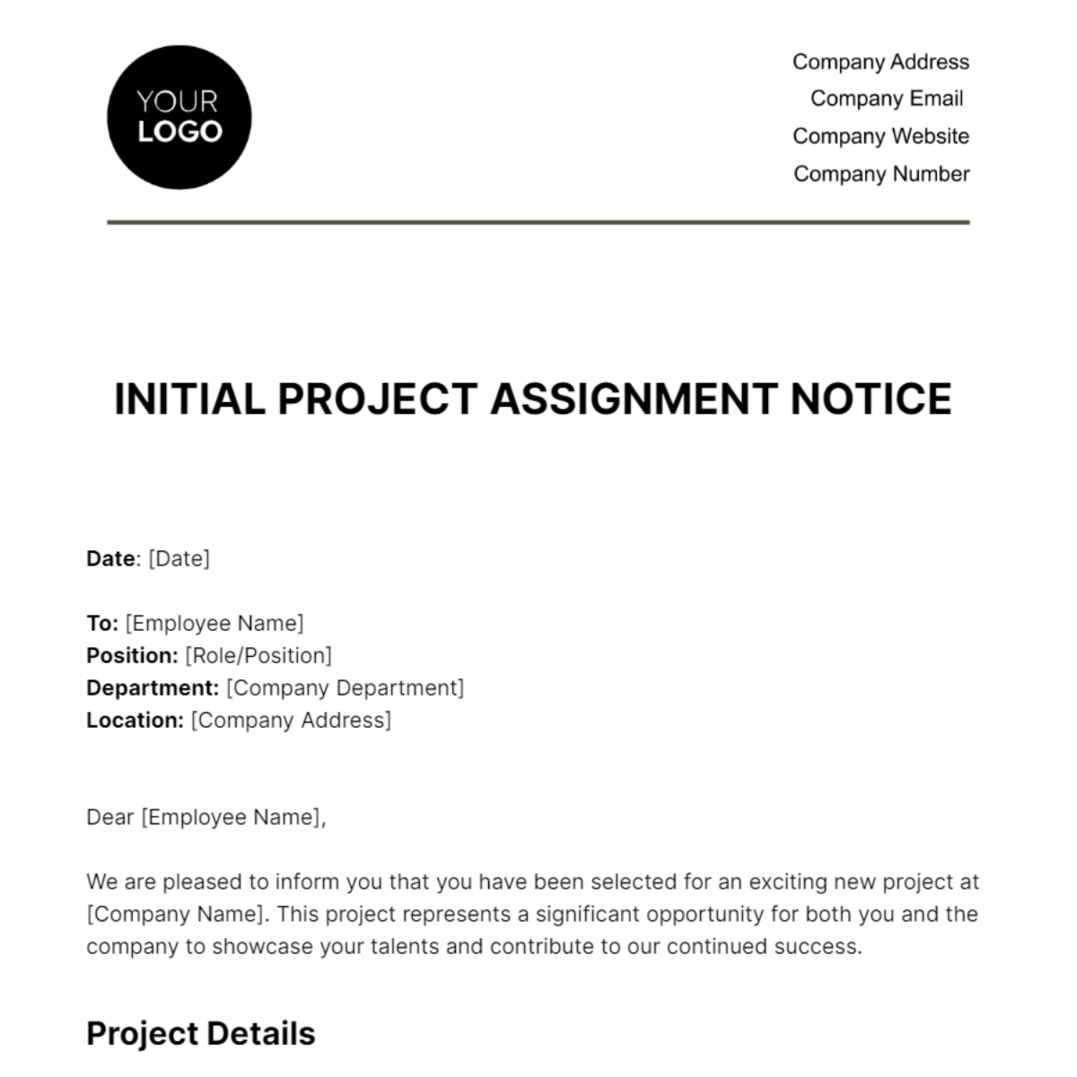 Initial Project Assignment Notice HR Template - Edit Online & Download