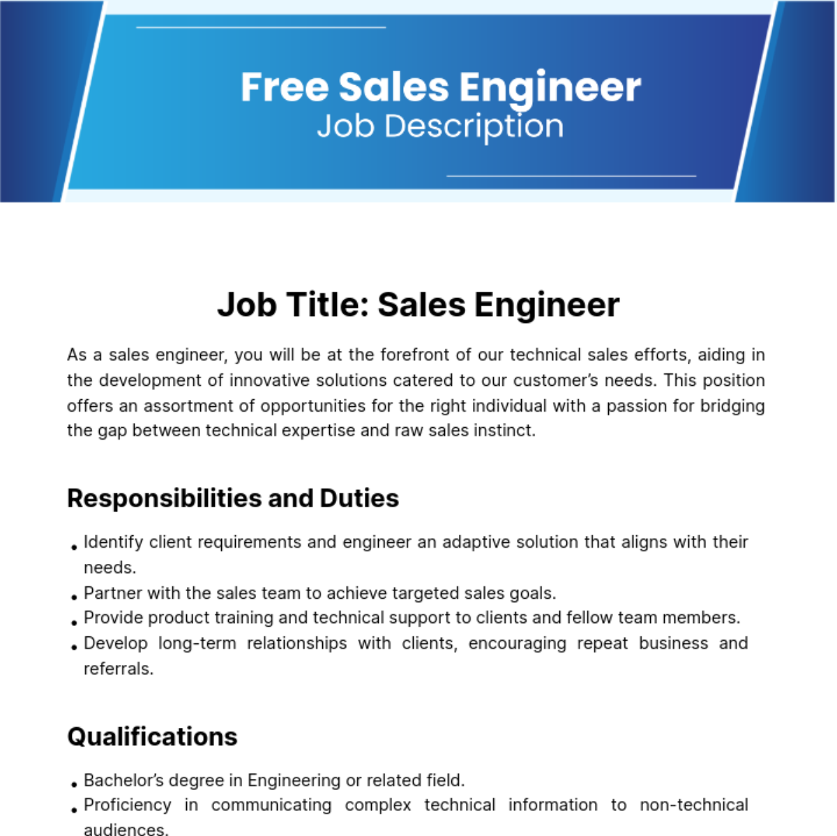 Free Sales Engineer Job Description Template