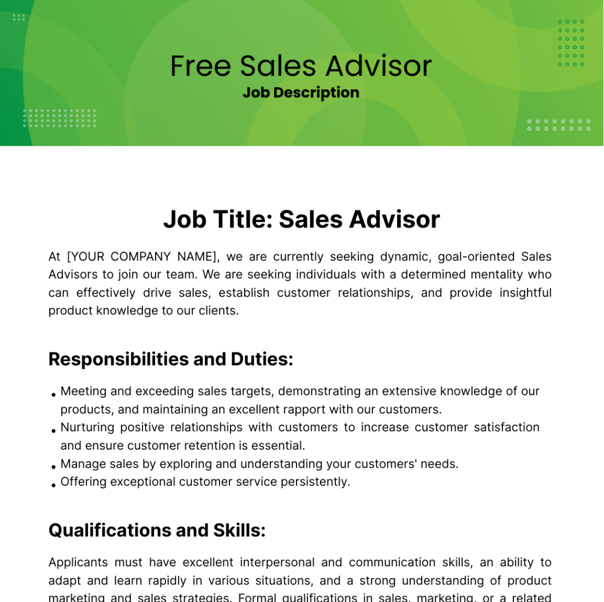 Sales Advisor Job Description Template