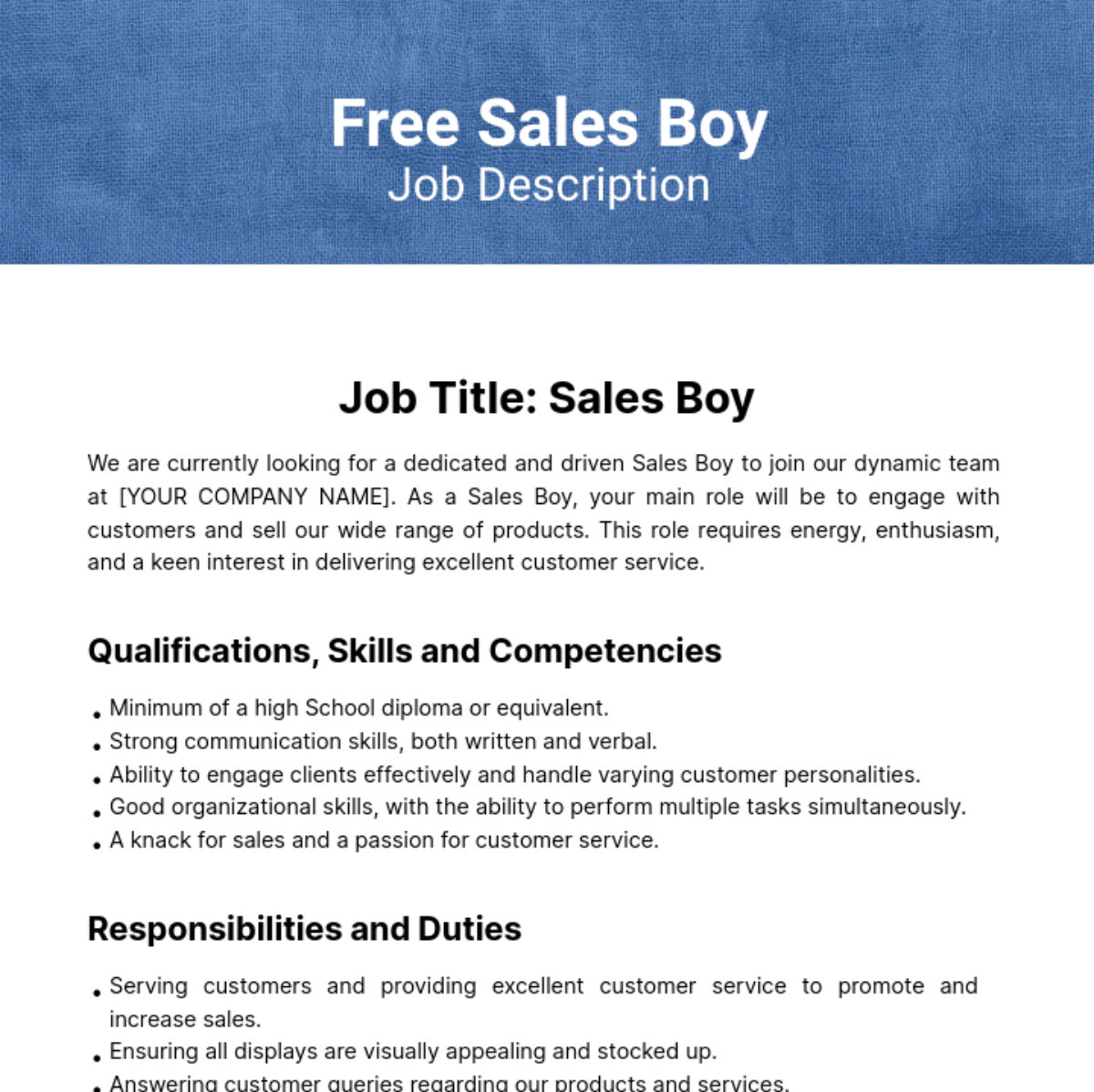 Sales Boy Job Description Template