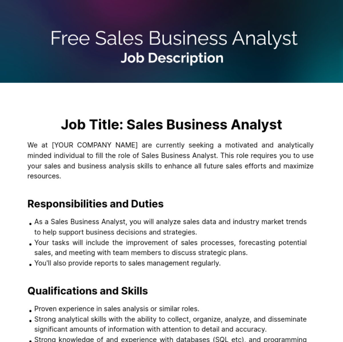 Sales Business Analyst Job Description Template