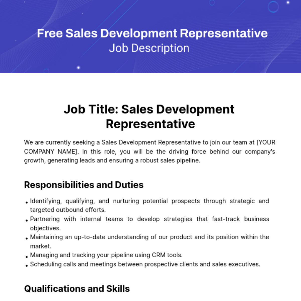 Free Sales Development Representative Job Description Template