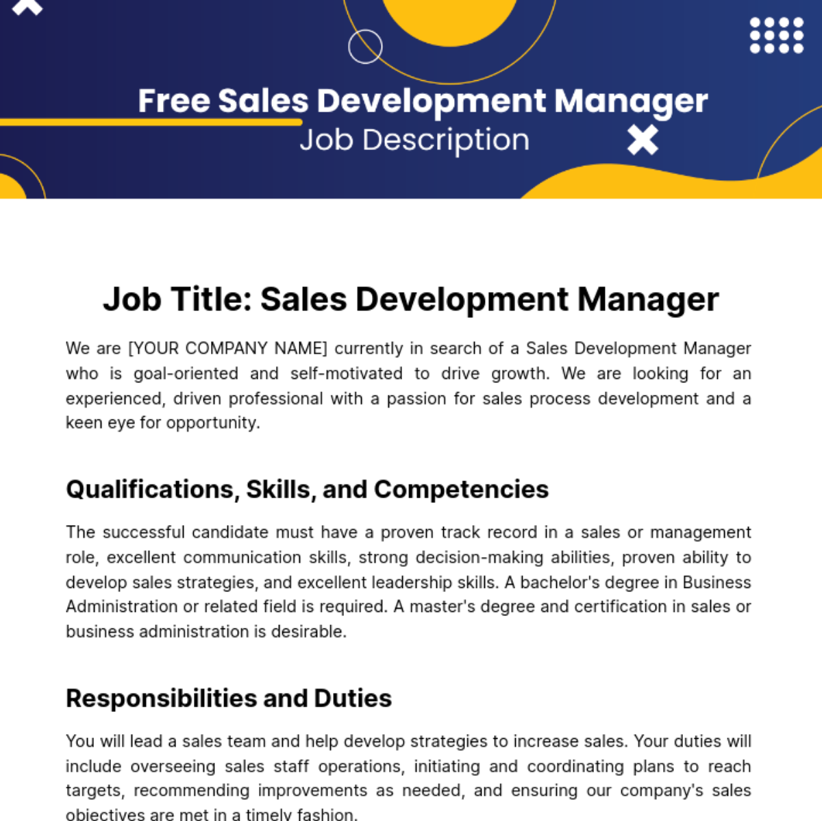 Sales Developmenet Manager Job Description Template
