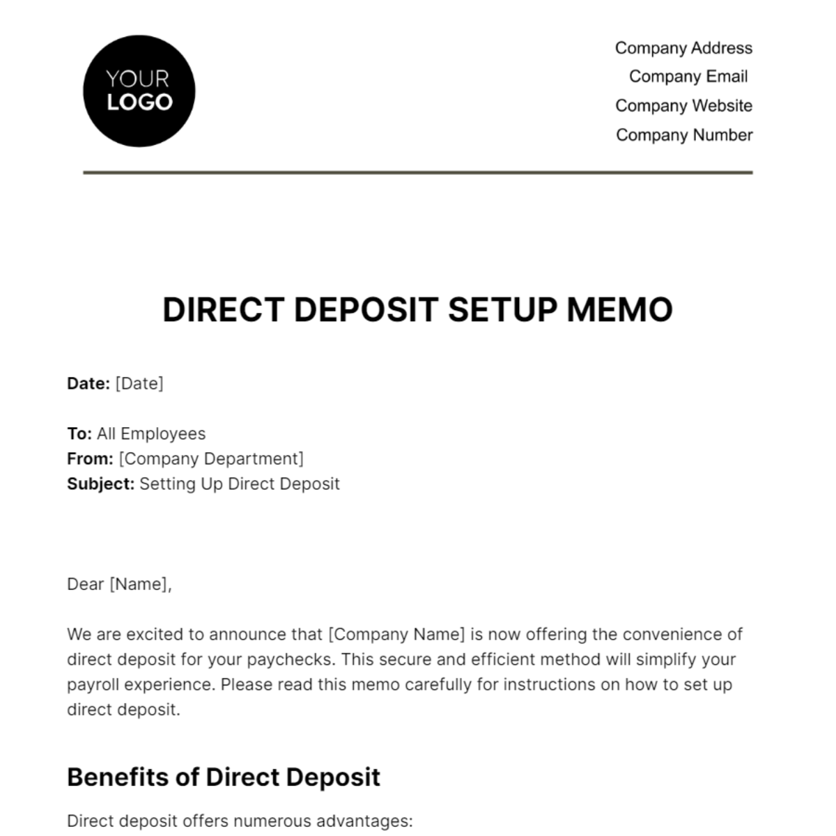 Direct Deposit Setup Memo HR Template