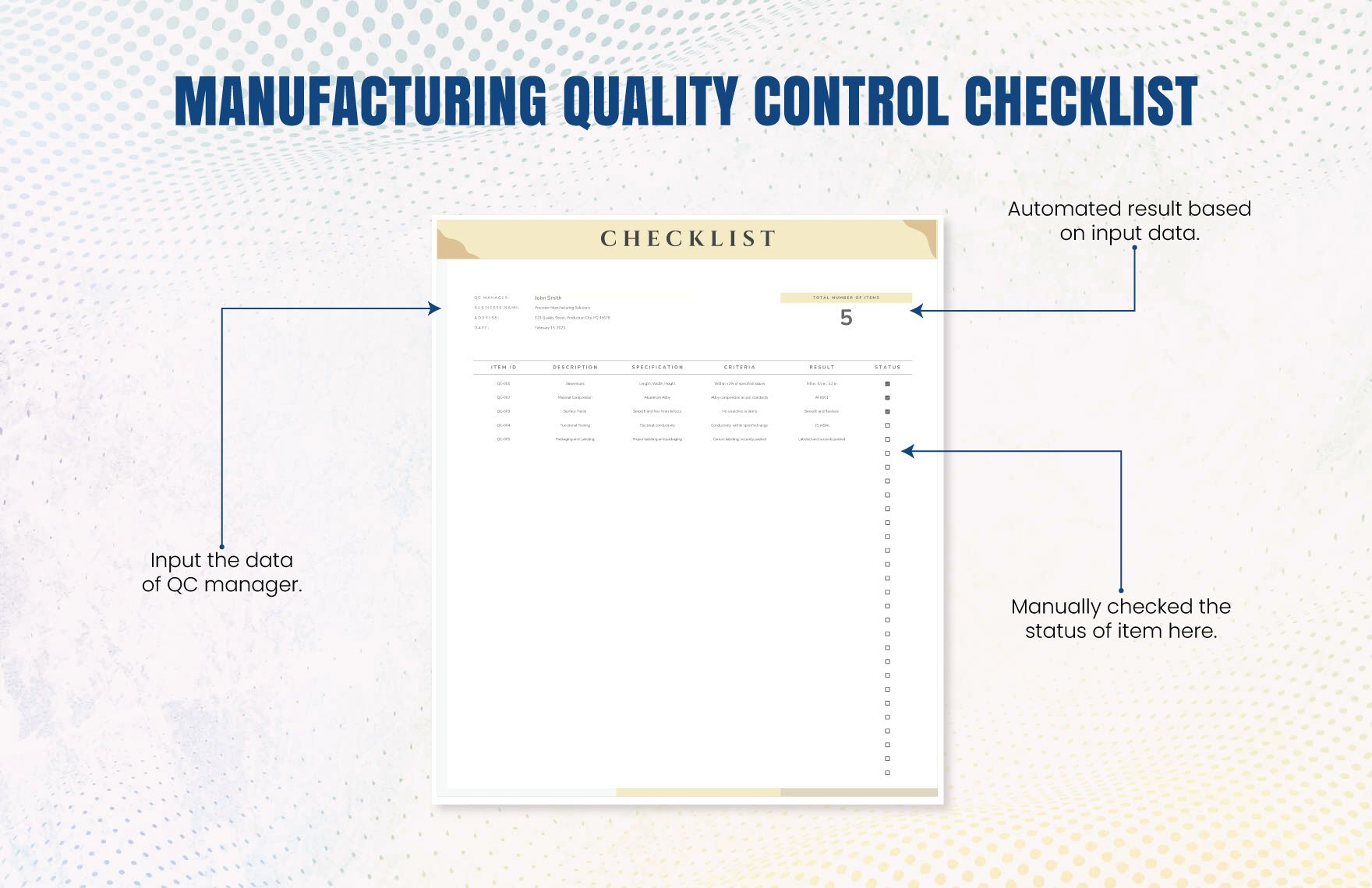 Manufacturing Quality Control Checklist Template in Excel Google